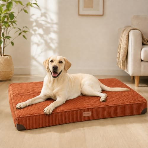 FUKUMARU Orthopädisches Hundebett - 91x56x9 cm, waschbares Hundekissen mit wasserdichter Gewebeschicht, kuschelige Hundematte, Hundematratze, Anti-Rutsch Hundecouch, Orange