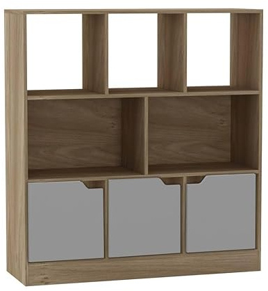URBNLIVING Oak 8 Cube Asymmetrical Bookcase – Freestanding Storage Cabinet with 3 Doors - Basic Doors - Grey