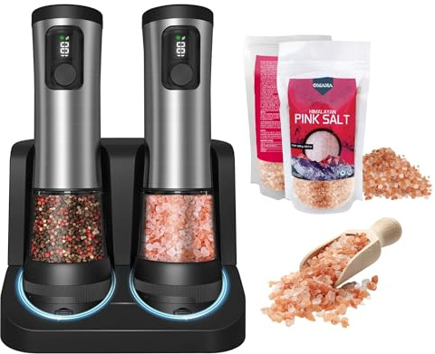 Himalayan Pink Salt with Rechargeable Electric Salt and Pepper Grinder Set Mill, Bundle Value Pack, Home and Kitchen Appliances for New House Warming Gifts BBQ (1 Kg, Coarse + Electric Grinder Set)