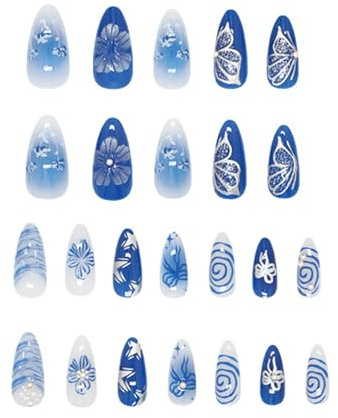 Blue Fake Nails | Homiladi 24 Pack Almond Press on Nails Deep Sea Blue with Stripes, Flowers & Butterflies | Elegant Wearable False Nail for Women & Girls, DIY Art Decorate