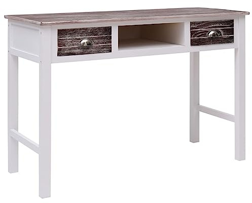 Yunovire Paulownia Bureau marron 110 x 45 x 76 cm en bois massif de peuplier avec 2 tiroirs, table console robuste pour bureau à domicile et bureau polyvalent