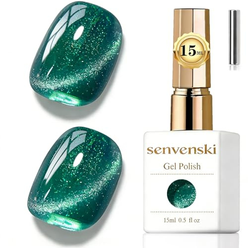 Senvenski Jelly Glass Cat Eye Gel Nail Polish with Magnet 15ML Magnetic 3D Galaxy Holographic Glitter Translucent Sheer Color Gel Polish Salon Home DIY (Forest Green, MY1-038)