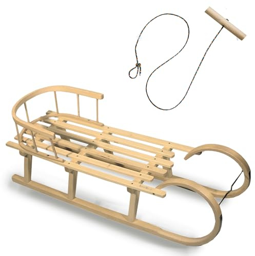 Luge à cornes 120 cm avec dossier - Luge en bois de hêtre pour 2 personnes - Luge à cornes avec patins en acier - Corde de traction gratuite