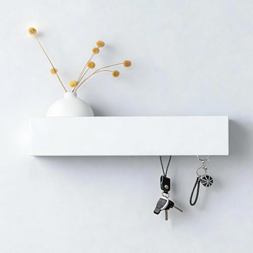WJUAN Schlüsselbrett mit Ablage, Schlüsselablage Flur mit 5 Haken, Schlüsselanhänger Wand aus Metall und Holz, Platzsparend, 30 x 7,5 x 6 cm, Weiß, für Eingangsbereiche, Flure, Wohnzimmer