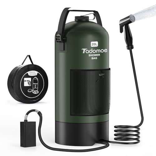 Tadomoe Doccia da Campeggio Elettrica 20L con Pompa 2000mAh, Verde | Tubo di 2m per Vanlife e Spiaggia, Sacca Pieghevole Portatile, Luce LED Notturna, Ottimo per Cani