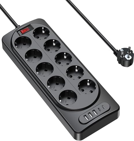 Pluackg 15 in 1 Steckdosenleiste mit USB C, Mehrfachsteckdose mit 10 Steckdosen und 5 USB (2 USB-C, 3 USB-A) Überspannungsschutz mit Schalter, 2M Verlängerungskabel für Büro-Schwarz