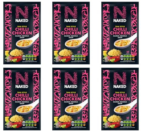 Naked Thai Style Chilli Chicken Ramen Noodle Soup 6 Pack – 6 x 25g – Instant Spicy Chicken Noodles – Quick & Easy Meal – Includes Gifty Goodness Shopping List