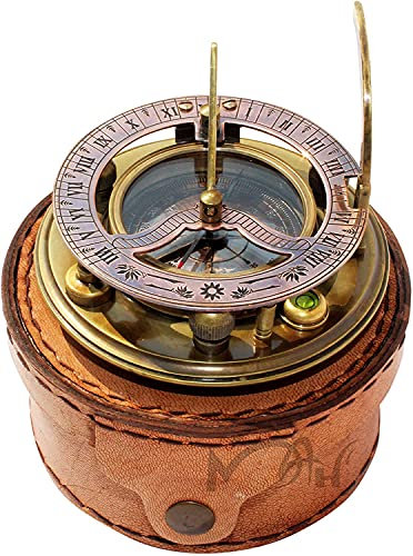 Steampunk für Sonnenuhr-Kompass aus massivem Messing in passender Holzbox C-3052