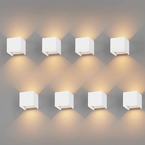 K-Bright 8 Stück LED Wandleuchten Innen/Außen 12W Wandlampe Auf und ab Einstellbarer Lichtstrahl, 3000K Warmweiß Außenwandleuchte IP65 für Wohnzimmer Schlafzimmer Balkon, Weiß