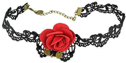 kaiser24 Schwarze Choker Halskette Spitze mit roter Stoff Rose Halloween Karneval Kostüm Zubehör(Kette (Blume))