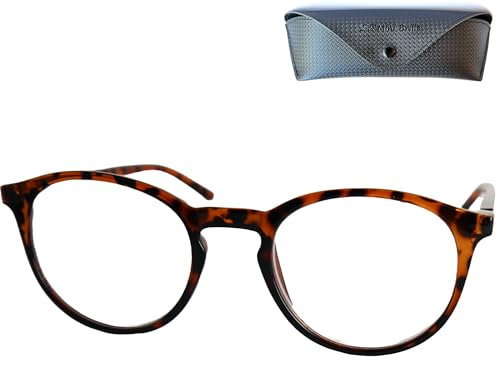 Klassische Nerd Lesebrille mit großen Runden Gläsern - mit Gratis Etui, Kunststoff Rahmen mit Leopardenmuster, Brille mit Sehstärke, Lesehilfe Damen und Herren +3.0 Dioptrien