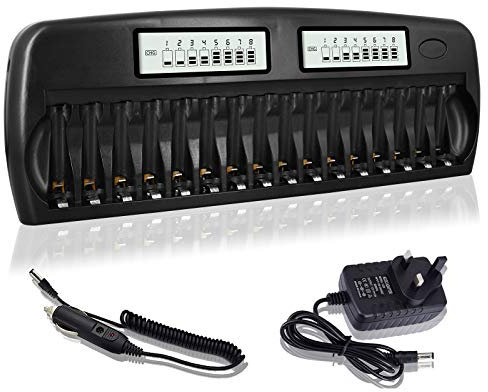Palobatteryuk NC31 CITYORK 16 Bays/Slots Smart Battery Charger,AA,AAA,Ni-MH,Ni-CD Rechargeable Batteries Charger with Intelligent LCD Display & Discharging and Built-in IC Protection,Black