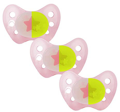 dentistar Night Latex Schnuller 3er-Set – Größe 3, ab 14 Monate – Zahn- & kieferfreundlicher Leuchtschnuller für die Nacht – Rosa mit Stern-Motiv, leuchtet im Dunkeln – Made in Germany