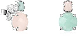 TOUS Pendientes de Plata de Primera Ley para Mujer con Cierre a Presión y Motivo de 1.2cm en Amazonita y Cuarzo, Versátil y Combinable, Colección Mini Color