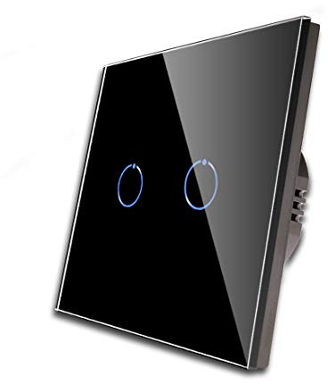 CNBINGO Interrupteur tactile, interrupteur à changement double Noir, avec un panneau de verre tactile et un LED d'état, le conducteur neutre n'est pas requis, 2 voies, AC 240 V, 800 W/voies