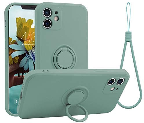 abitku Compatible with iPhone 12 Case, Silicone with 360°Ring Kickstand Holder (Support Magnetic Car Mount) Soft Silk Microfiber Cloth Designed for iPhone 12 6.1 inch 2020 (Mint)