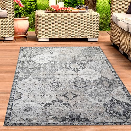 CARPETIA Outdoor Teppich Ornamente Grau Beige Formstabil 200x290 cm | Pflegeleicht, UV-beständig, formstabil und saugrobotergeeignet, OEKO-TEX geprüft, für Balkon, Küche & Wohnräume