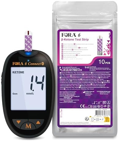 FORA 6 Connect-Multiparameter (mg/dl) und 10 Keton-Teststreifen. Mit Bluetooth und App.