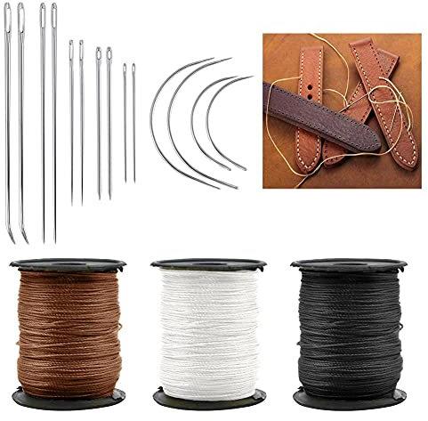 Yontree 17-teiliges Polsternadel- und Fadenset, robuster Nylonfaden und Nadel, gebogene Nähnadel mit starkem Faden für Segeltuch, Leder, Teppich (braun, schwarz, weiß)