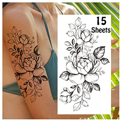 LEADTEAM 15 Blätter Fake Tattoos Erwachsene, Temporäre Tattoos 3D Rose Tattoo Klebe Tattoo Wasserfeste Tattoo Aufkleber Arm Tattoo, Klebetattoos Frauen Tatoos Aufkleben Damen zum Aufkleben