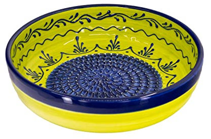 Kaladia - Reibeschüssel/Keramikhobel - ideal zum Gewürze reiben und Servieren von Gerichten - Motiv: Grün/Blau - Durchmesser: 19 cm - handgemacht & handbemalt - Made in Spain