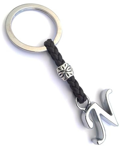 ASTER ALHELÍ - Schlüsselanhänger Personalisiert mit Buchstaben Alphabet - Schlüsselanhänger Anfangsbuchstabe Leder für Männer oder Frauen - Versilberte Zamak-Buchstaben und Perlen (N)