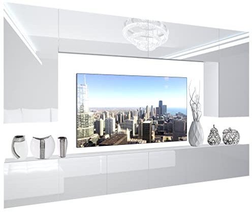 BELINI Wohnwand Vollausstattung Wohnzimmer-Set Moderne Schrankwand mit LED-Beleuchtung Anbauwand TV-Schrank Weiß