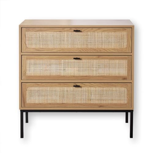 CALICOSY - Kommode 3 Schubladen Vorderseite aus Rattan - Eichenoptik - Spanplatten, Griffe & Gestell aus schwarzem Metall - Schrank für Schlafzimmer, Ankleidezimmer oder Wohnzimmer - B80 x T39 x H79cm