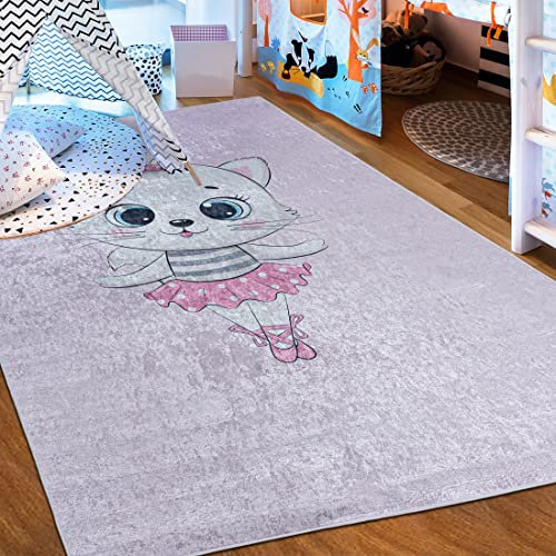 Mazovia Kinderzimmerteppich Antirutsch - Waschbar bis 30 Grad - Katze - Kurzflor Kinderteppich Teppich für Kinderzimmer - ÖKO-TEX Zertifiziert - Teppiche Mädchen Rosa Pink 160 x 230 cm