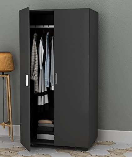 URBNLIVING Orlando Wooden 2 Door Kids Wardrobe Bedroom Storage Clothes With Hanging Bar (Black), One Size (ORL67)
