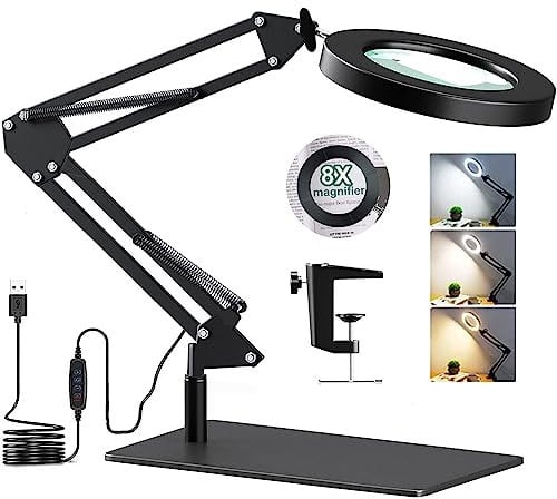Lupenleuchte mit Tischfuß & Klemme, 8-fache Vergrößerung, 3 Farbmodi, 10 instellbare Helligkeiten,2-in-1 LED Lupe mit Licht und Ständer, einstellbare Schwenkarm-Lampe für Arbeit,Lesen,Hobbys