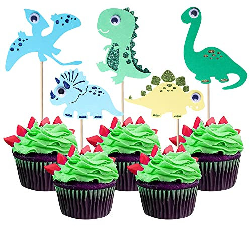 SYKYCTCY 30 Pack Dinosaur Cupcake Toppers Glitter Baby Dinosaur Roar Rex Cupcake Picks Jungle Animal Cake Decorations for Dino Theme Baby Shower Kids Birthday Party Supplies