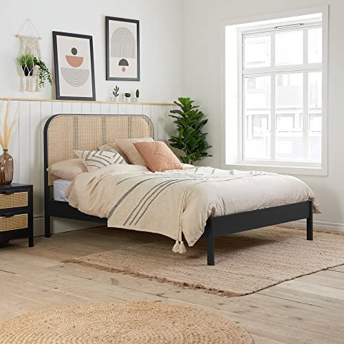 happybeds Rattan Wooden Bed, Margot Black Wooden Bed Frame, Double, King Size (Double)