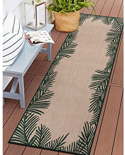 Rugshop Tropical Floral Palm Leaves Textured Flat Weave Easy Cleaning Outdoor Rugs for Deck,Patio,Backyard Indoor/Outdoor Runner Rug 2' x 7' Green