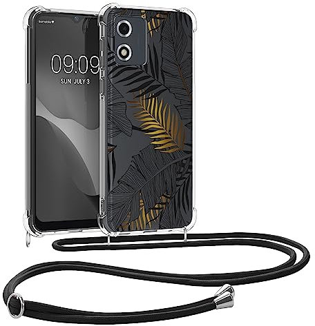 kwmobile Necklace Case kompatibel mit Motorola Moto E13 Hülle - Silikon Cover mit Handykette - Gold Grau Transparent Dschungel