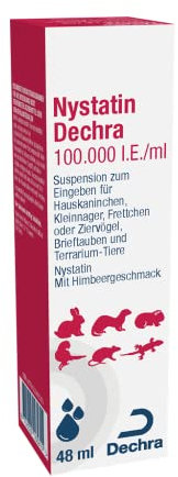Dechra Nystatin | 48 ml | Suspension zur oralen Gabe | Für Kleinnager, Ziervögel, Brieftauben und Terrariumtiere | Mit Himbeergeschmack | Bei Hefepilzinfektionen im Magen-Darmtrakt