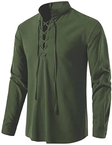 PADOLA Camicia in Lino Camicia Medievale Uomo Primavera-Estate,A Maniche Lunghe Henley da Uomo Costume Cosplay Camicia Fantasia Gotico Camicia da Pirata(XL,4 Verde)