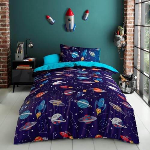 Lions Kids Space Bedding Set, Soft 100% Microfibre Polyester, Single Bed Size Duvet Covers with Matching Pillow Case, Quilt Cover for Boys Girls, 137x200cm