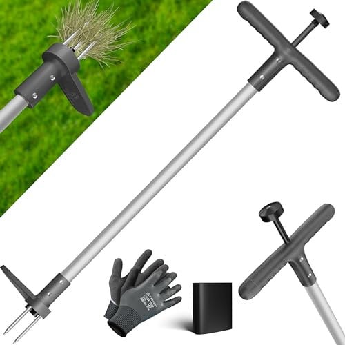 KESSER® Extracteur de mauvaises herbes avec poignée en T et pédale pour éliminer efficacement les mauvaises herbes, 3 dents en acier