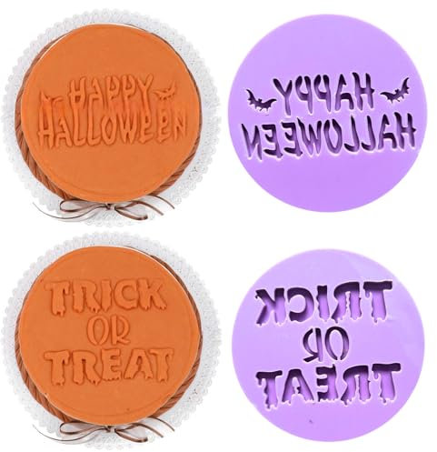 PTaizjjz 2PCS Halloween Cookie Stamp Cookie Cutters,Happy Halloween,Trick or Treat 3D Design Cookie Embosser for Baking & Decorating