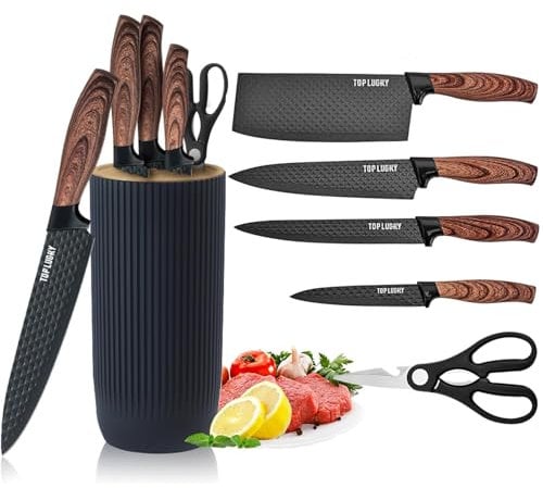 Messer Set, 6-teiliges Scharfes Messerblock Set für Küche, Antihaft Rutschfestes Edelstahl-Kochmesser-Set mit Universal-Messerblock Geeignet für Home Restaurant Picknick (Schwarz)