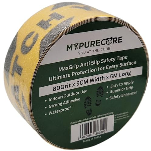 MYPURECORE Anti Slip Tape Watch Your Step | 80 Grit 5m x 5cm Grip Tape for Stairs, Outdoor Steps and Ramps | Durable Safety Tape for Anti Slip Stair Treads, Decking Strips, Indoor & Outdoor Use