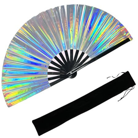 YKuzLx 13‘’ Large Rave Fan for Men Women, Silver Laser Rave Fan, Rave Essentials, Decorative Folding Hand Fan for Party, Home Decoration, Gift, Music Festival, EDM Rave Accessories (Silver Laser)