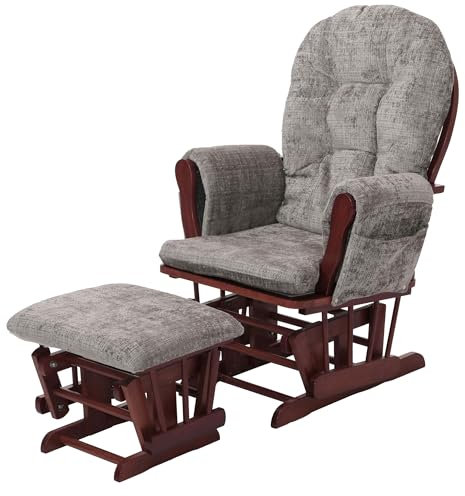 Mendler Relaxsessel HWC-C76, Schaukelstuhl Schwingstuhl mit Hocker Stoff Chenille (465g/m²) Öko-Tex - hellgrau, Gestell dunkel