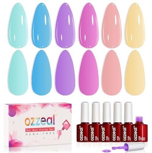 Ozzeal Pastel Pink Blue Lavender Gel Nail Polish Set, 8ml Hema Free 6 Colors Mint Green Yellow Macaron Easter Spring Summer Soak off U V Light Gel Polish Kit for Salon and Nail Art DIY Home
