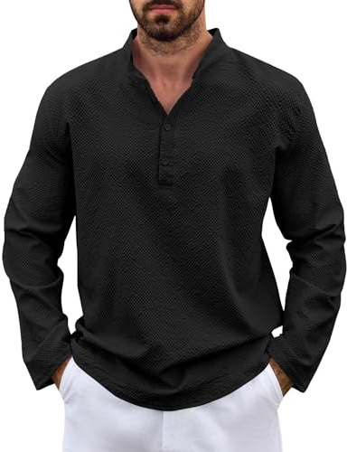 Lishang Camisa de Lin Hombre Manga Larga Camisas Verano Informal Casual Top Camisa de Ocio Playa Color Sólido T-Shirt Suelta Regular Fit Elegante