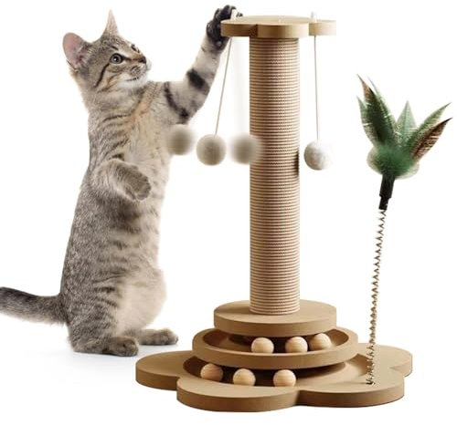 GOMETY 4 in 1 Katzenspielzeug aus Holz Roller 2-lagiger Drehteller Interaktives Katzen Spielzeug hölzernes mit Federn und Katzenminze Bälle, 40cm Katze Sisal Seil Kratzbaum mit hängenden Ball(Large)