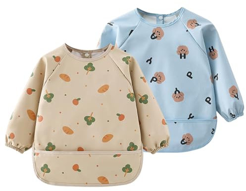 Wisebom Bavoirs Bébé avec Manches Longues, 2Pcs Étanche Bavette de Sevrage avec BLW & Poches Facile à Nettoyer et Lavable en Machine, Imperméable Bib Bébé en PU pour Bébés Infants 6 à 36 Mois