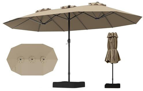 GOPLUS Parasol de Jardin Exterieur avec Pied, Grand Parasol Double 4,5x2,6M avec Manivelle, 12 Baleines Solides, Base avec Sacs de Sable, Hauteur 2,43CM pour Piscine Jardin Terrasse (Marron)