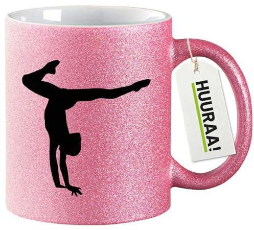 Huuraa Glitzertasse Turnen Gymnastik Geschenk | Motivtasse 330ml Glitzer Tasse mit Spruch Pink Keramik Kaffeebecher Geschenkidee Pinker Glitter Becher mit Motiv